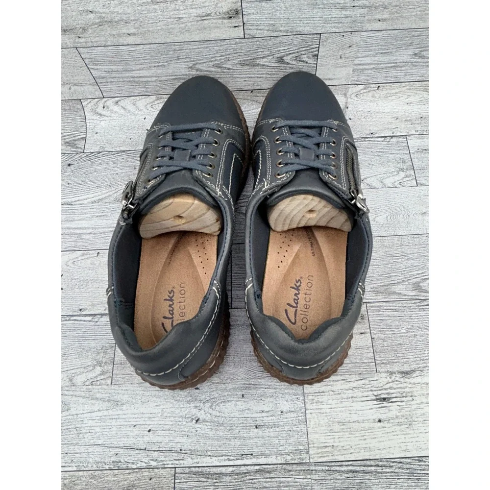 Clarks Collection Navy Leather Side Zip Lace Up Sneakers 261795204050 Women 7.5M